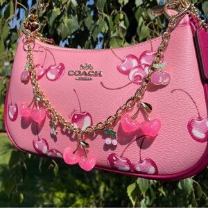 Hot Pink Heart Cherry Bag Charm Chain Purse Charm Chain Strap FortunateBagFinds